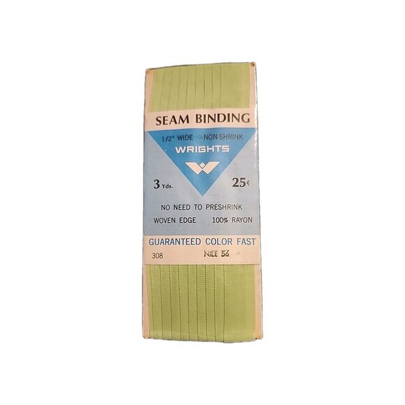 Vintage 1969 Seam Binding Tape Sewing Rayon New Unopened Woven Wrights Green NOS - Picture 1 of 5